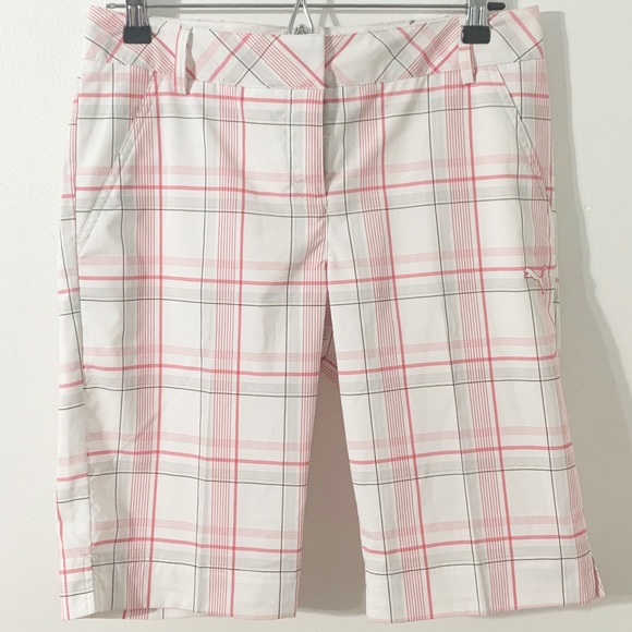 Puma USP  DRY Golf NA Tech Bermuda Shorts Pink Gray White Plaid Pockets Hook Bar - Picture 1 of 12